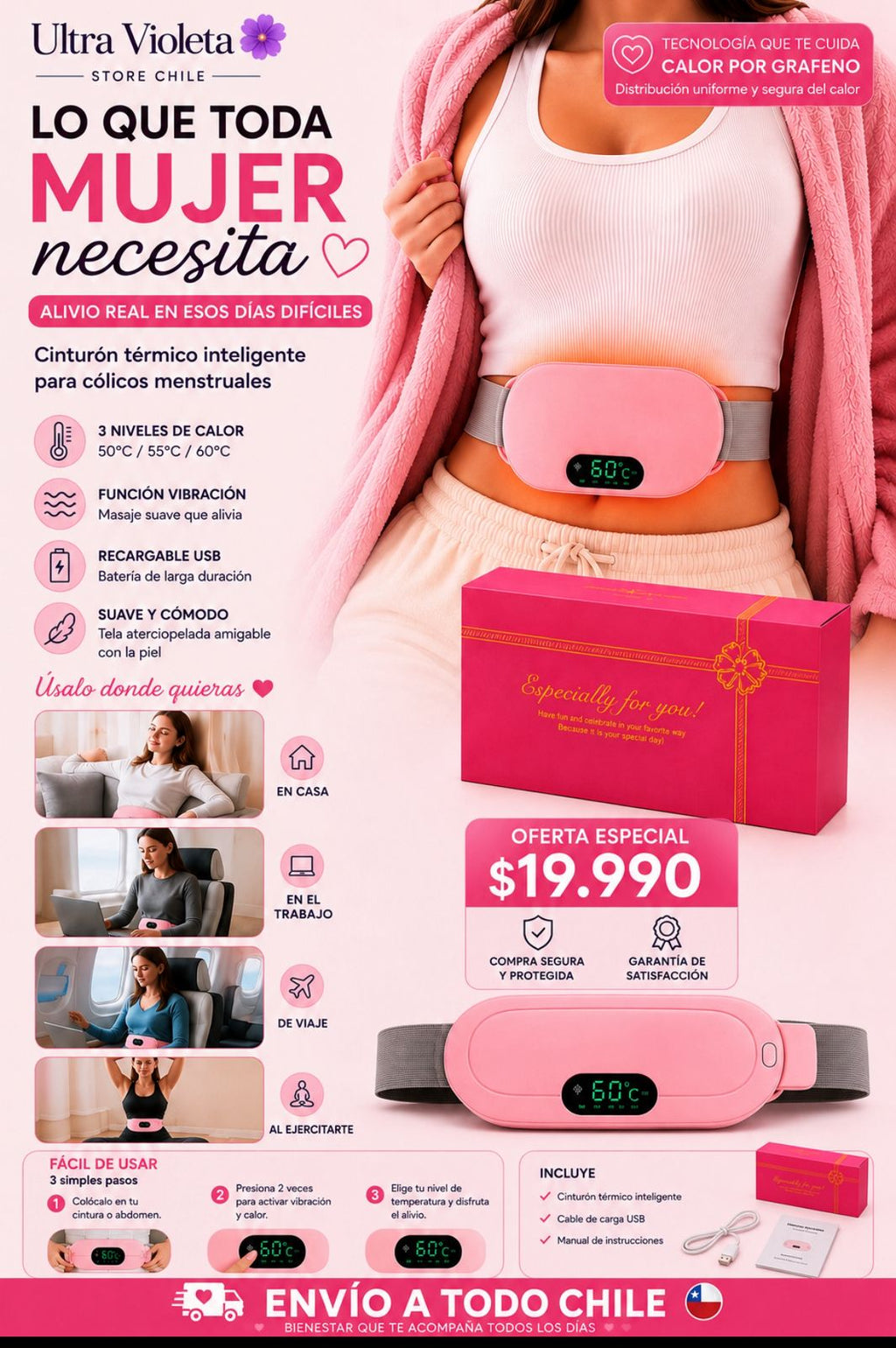 🌸 CINTURÓN TÉRMICO MENSTRUAL INTELIGENTE  "CALOR + VIBRACIÓN" 🌸