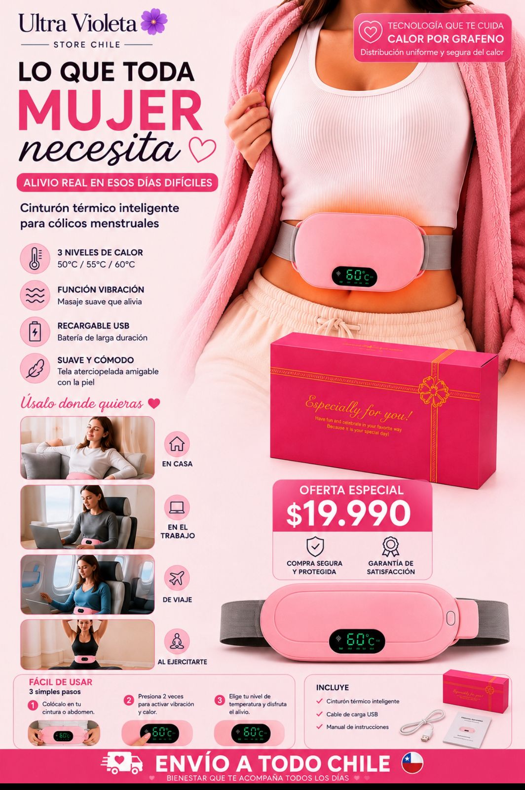 🌸 CINTURÓN TÉRMICO MENSTRUAL INTELIGENTE  "CALOR + VIBRACIÓN" 🌸